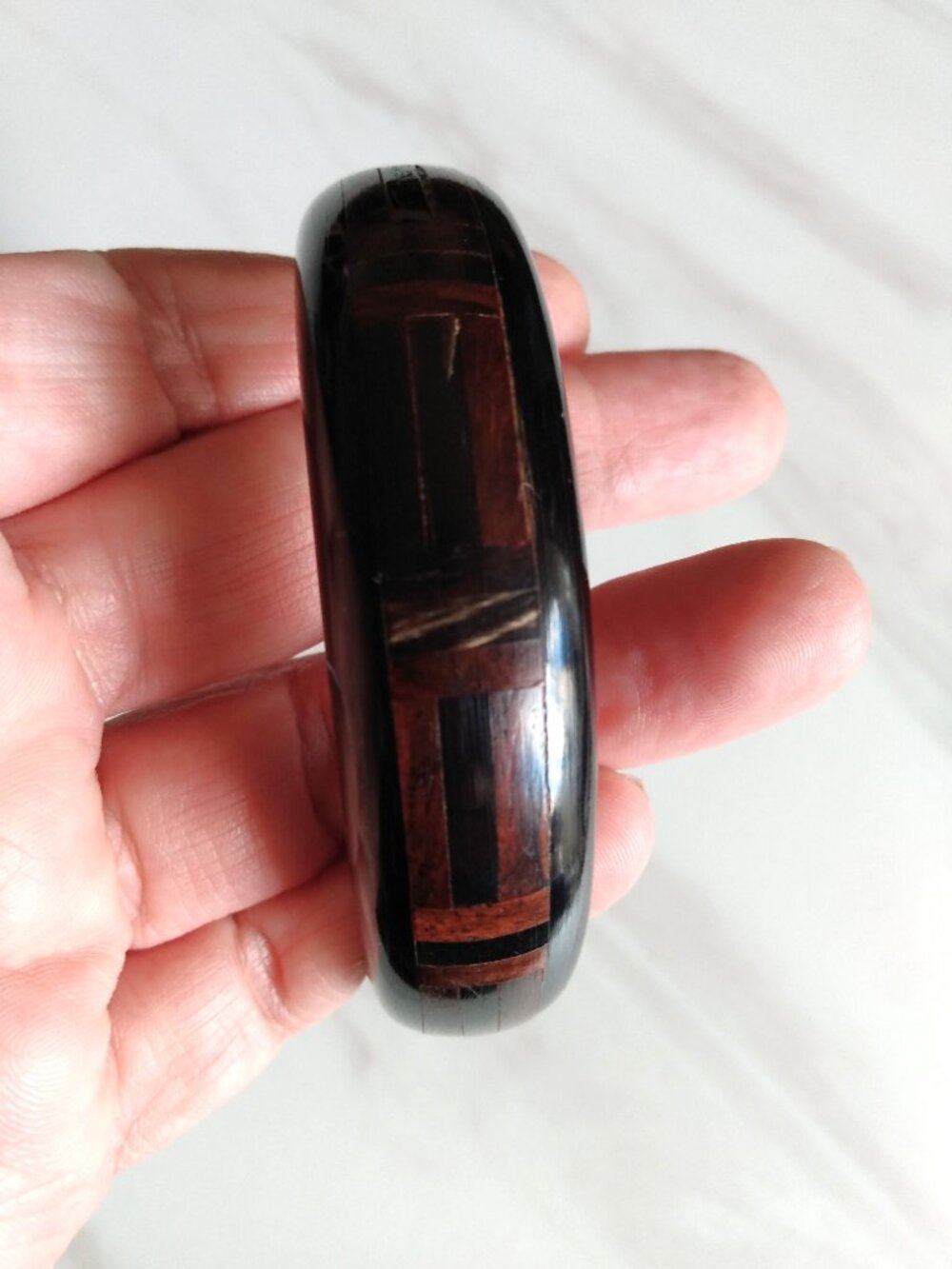 Vintage Wood Inlaid Bangle Bracelet Marquetry Jewelry - Picture 9 of 14